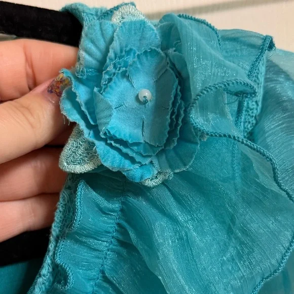 NWOT VTG Y2K Cotton/Linen Blend Asymmetrical Floral Ruffle Blouse Coquette - Picture 5 of 6